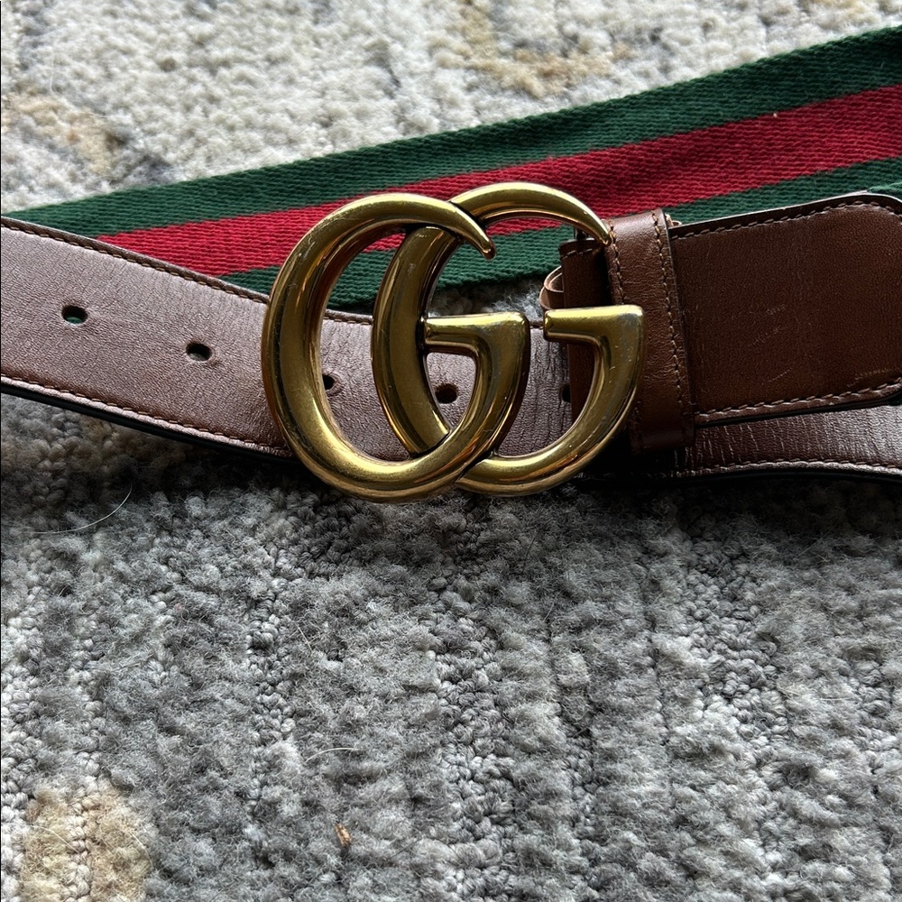 Gucci Green and Red Stripe Belt with Gold GG Buckle